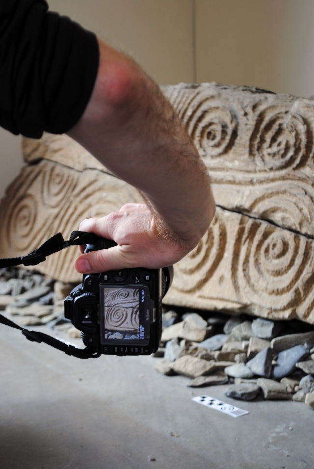 Conducting photogrammetry on the Pierowall Stone in the Westray Heritage Centre.